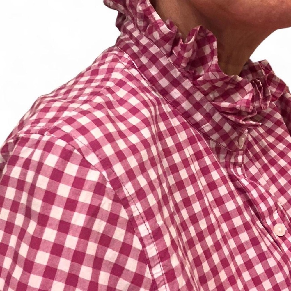 Crown & Ivy Pink White Gingham Cotton Button-Down Shirt with Ruffle Collar